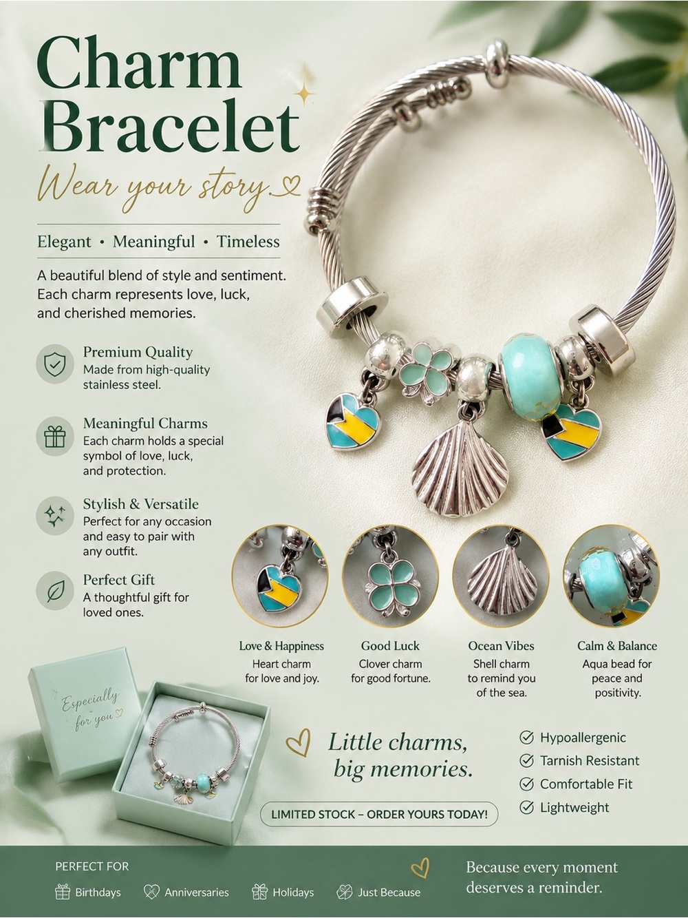 Charm Bracelet with Aqua Beads & Shell Charms